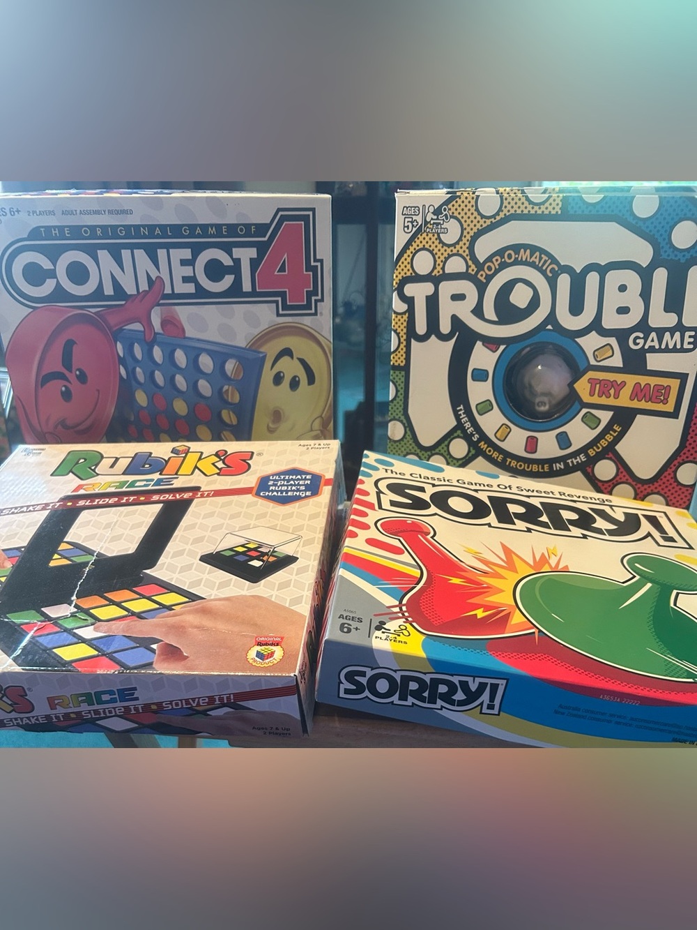 Hasbro Sorry!, Trouble & Connect 4 Board Games and Rubiks Race Board Game